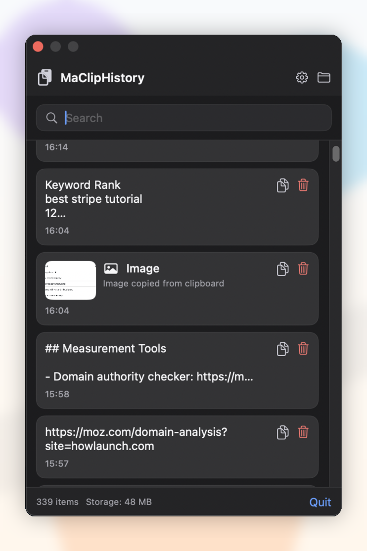 MaClipHistory dark interface showing local clipboard history
