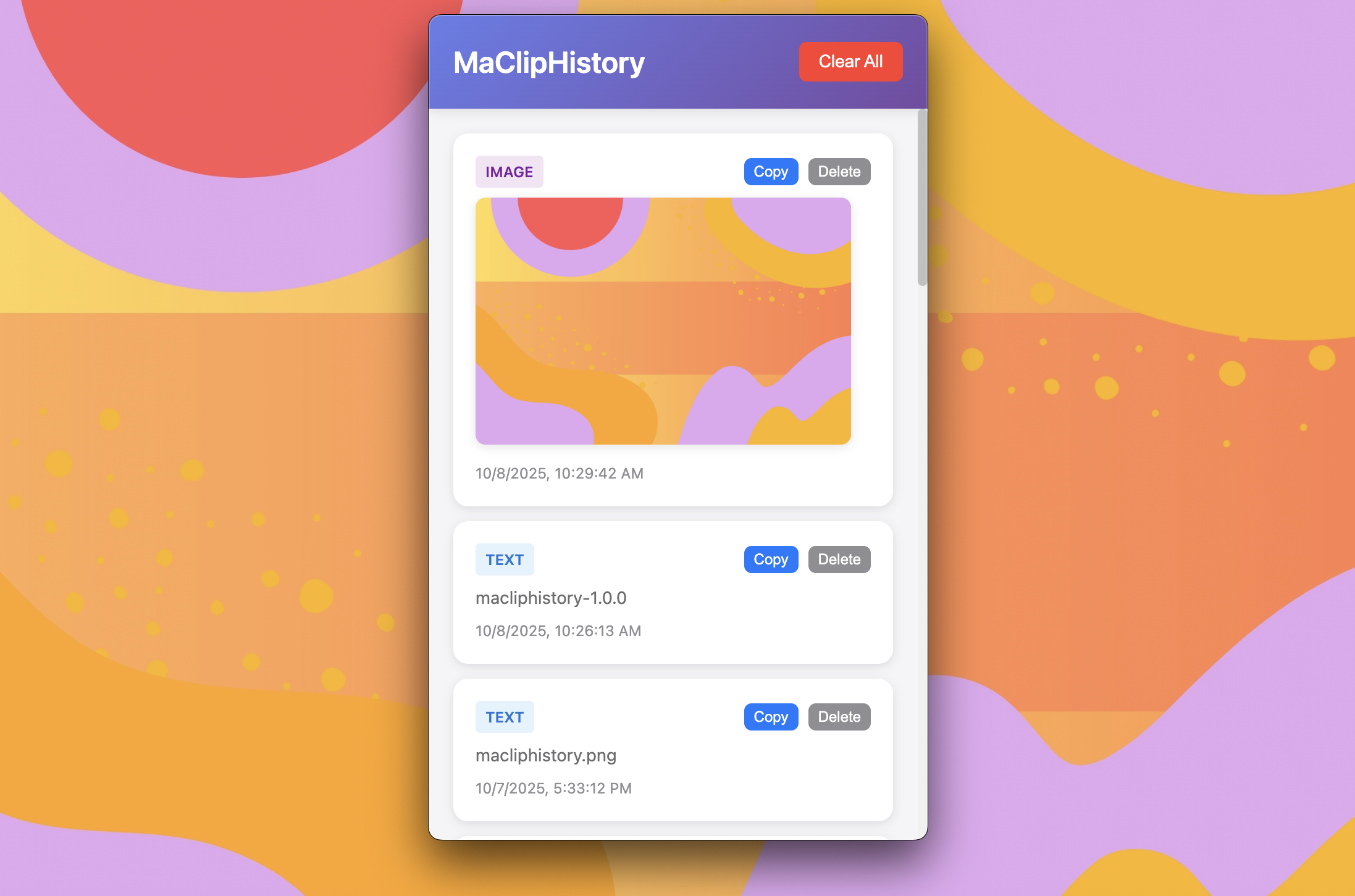 MaClipHistory app screenshot showing clipboard history interface