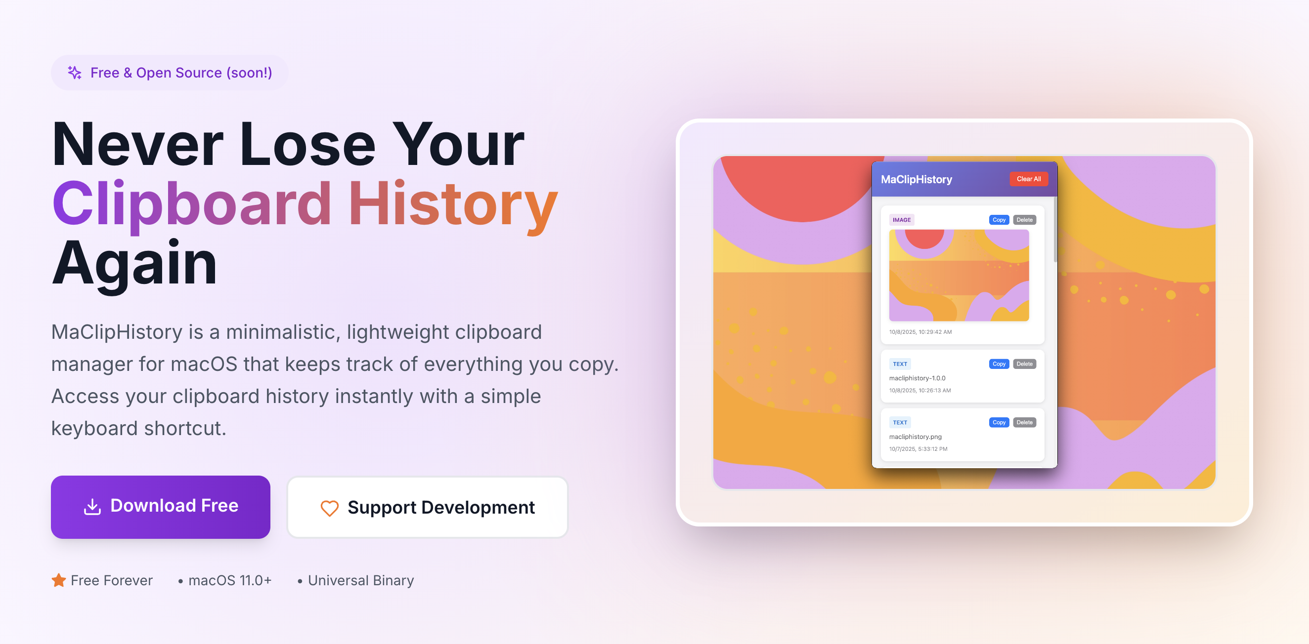 MaClipHistory app interface showing clipboard history